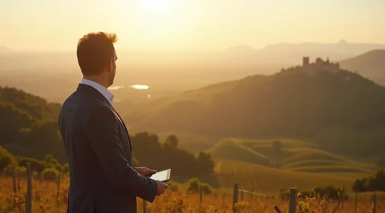 Agent immobilier local explorant le paysage audois, composition minimaliste épurée avec perspective aérienne sur vignobles et mer Méditerranée