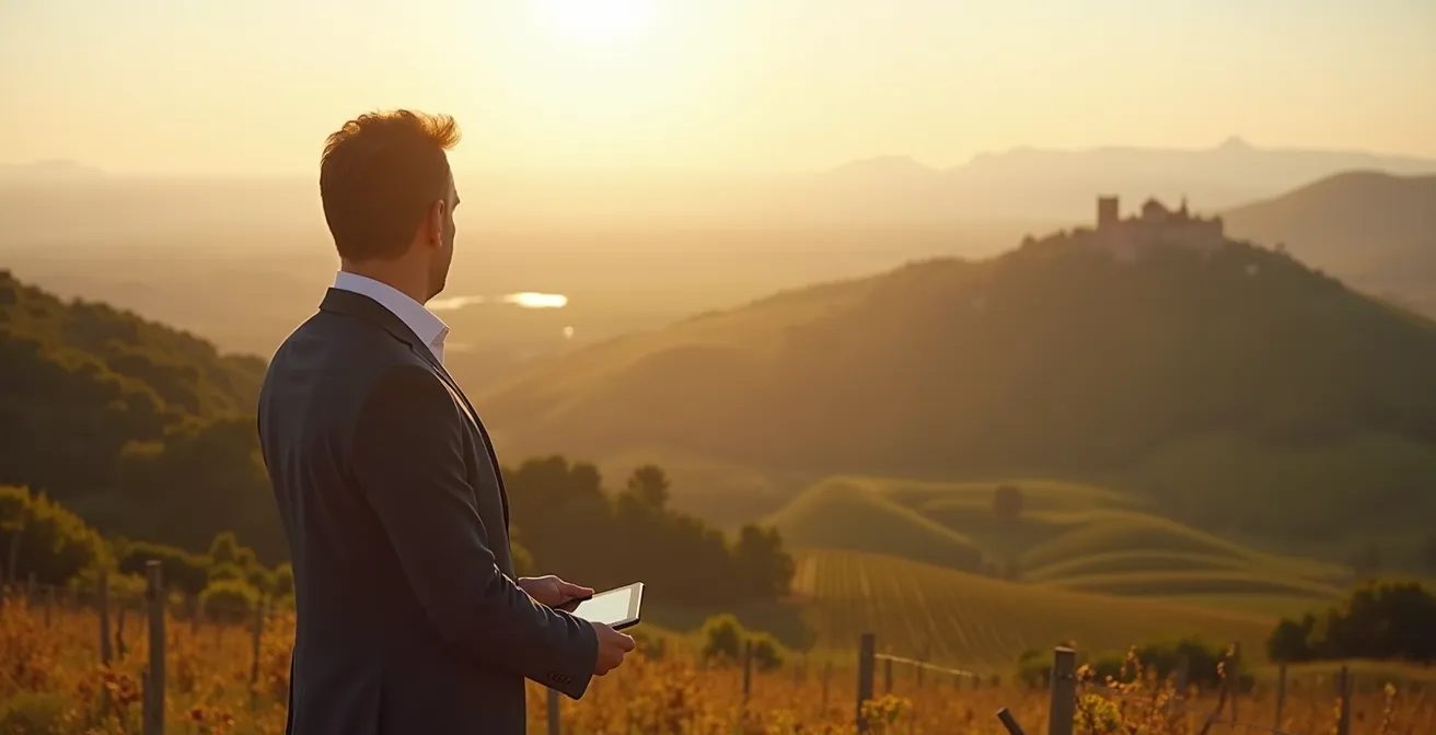 Agent immobilier local explorant le paysage audois, composition minimaliste épurée avec perspective aérienne sur vignobles et mer Méditerranée