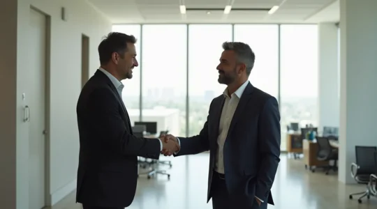 Représentation éditoriale photo-réaliste d'un agent immobilier en pleine interaction avec des clients, cadrage professionnel, atmosphère sérieuse sans aucun élément texte ou UI.