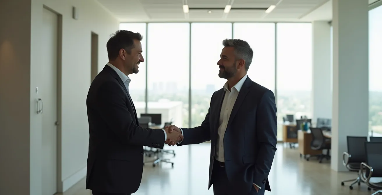 Représentation éditoriale photo-réaliste d'un agent immobilier en pleine interaction avec des clients, cadrage professionnel, atmosphère sérieuse sans aucun élément texte ou UI.