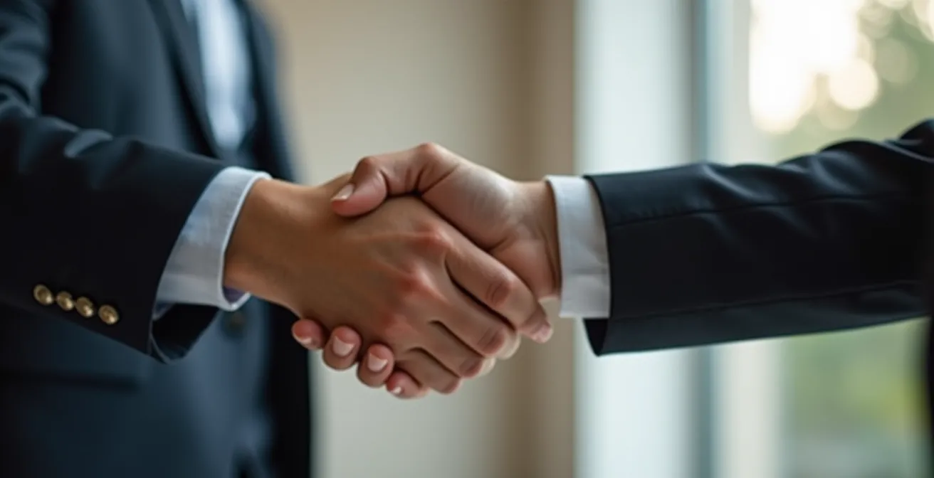 Photo rapprochée de mains serrées en signe d’accord entre agent et client, ambiance chaleureuse