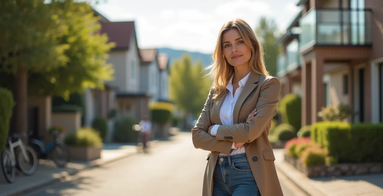 Agent immobilier expert sur le terrain dans un quartier résidentiel authentique