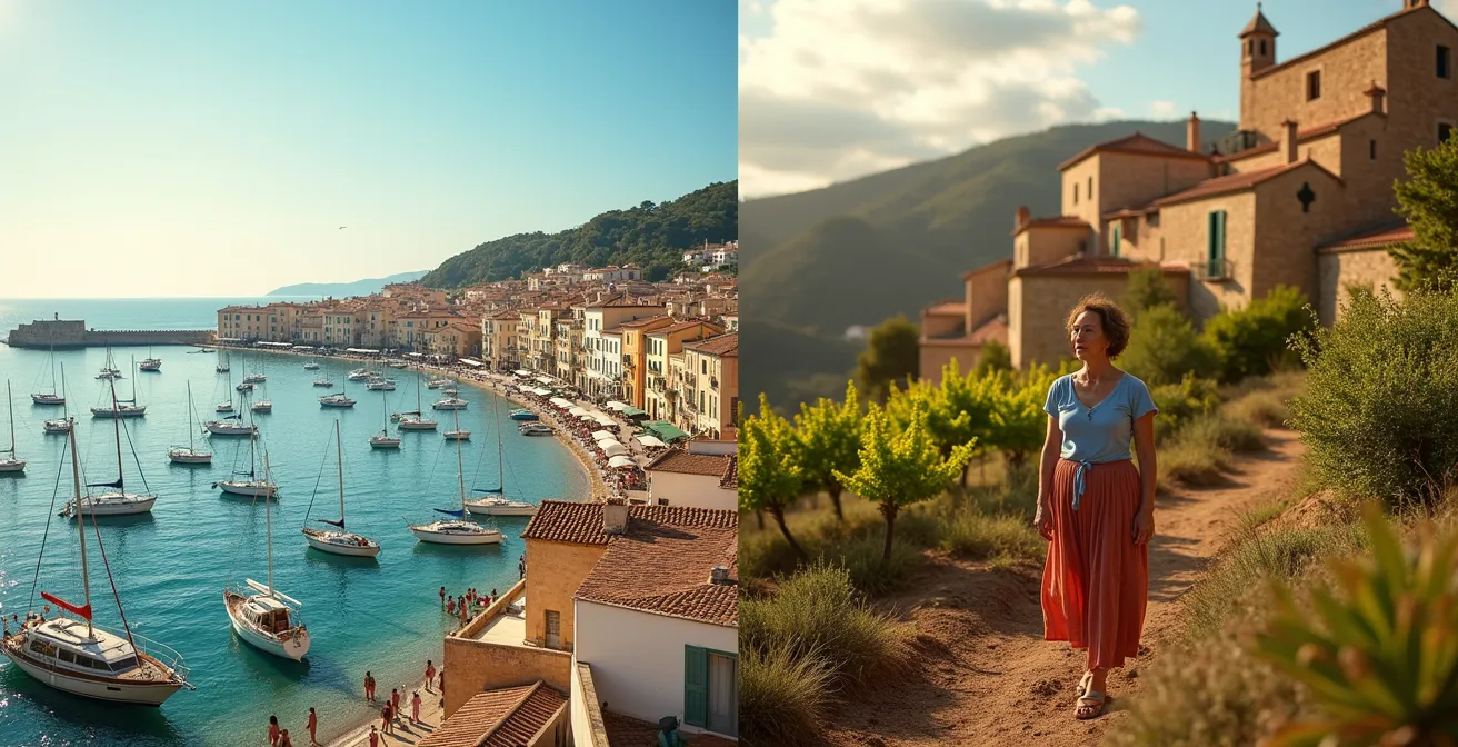 Composition diptique montrant le contraste entre une côte méditerranéenne animée et un village de montagne tranquille, symbolisant la dualité du marché audois
