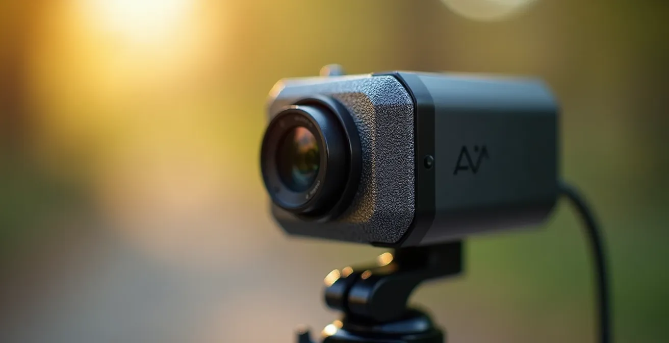 Macro photo d'une caméra 360° sur trépied, lumière douce, aucun marquage