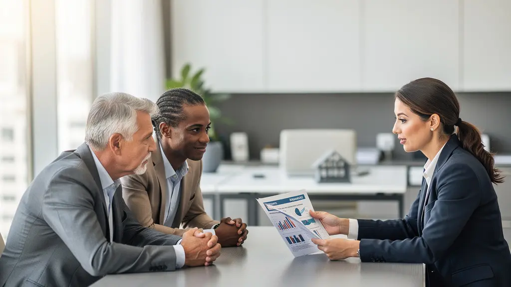 Agent immobilier professionnel présentant un contrat de vente avec analyse comparative de marché dans un bureau moderne