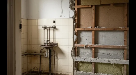 Vue détaillée d'une salle de bain ancienne avec mise en évidence des zones à risque d'amiante