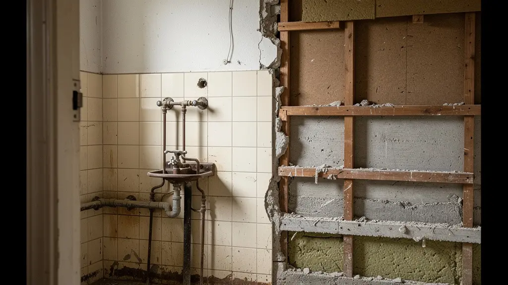 Vue détaillée d'une salle de bain ancienne avec mise en évidence des zones à risque d'amiante