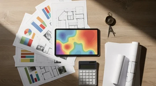 Analyse comparative de marché immobilier avec graphiques et documents sur bureau d'agent