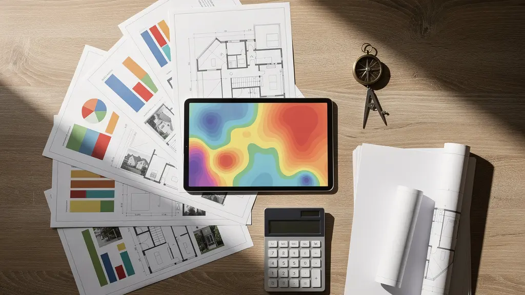 Analyse comparative de marché immobilier avec graphiques et documents sur bureau d'agent