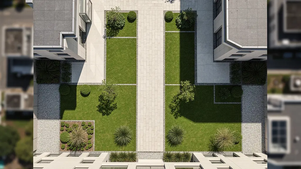 Vue aérienne minimaliste d'un immeuble moderne avec ses espaces communs