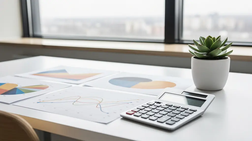 Espace de travail avec graphiques économiques et calculatrice pour analyse financière