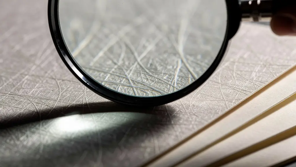 Vue macro d'une loupe examinant des textures de papier sans texte visible