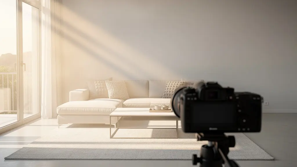 Scène de photographie immobilière professionnelle avec appareil photo et intérieur lumineux