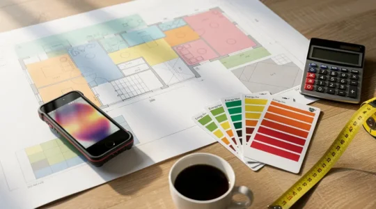 Vue en plongée d'un bureau avec plans de maison, calculatrice et documents d'audit énergétique