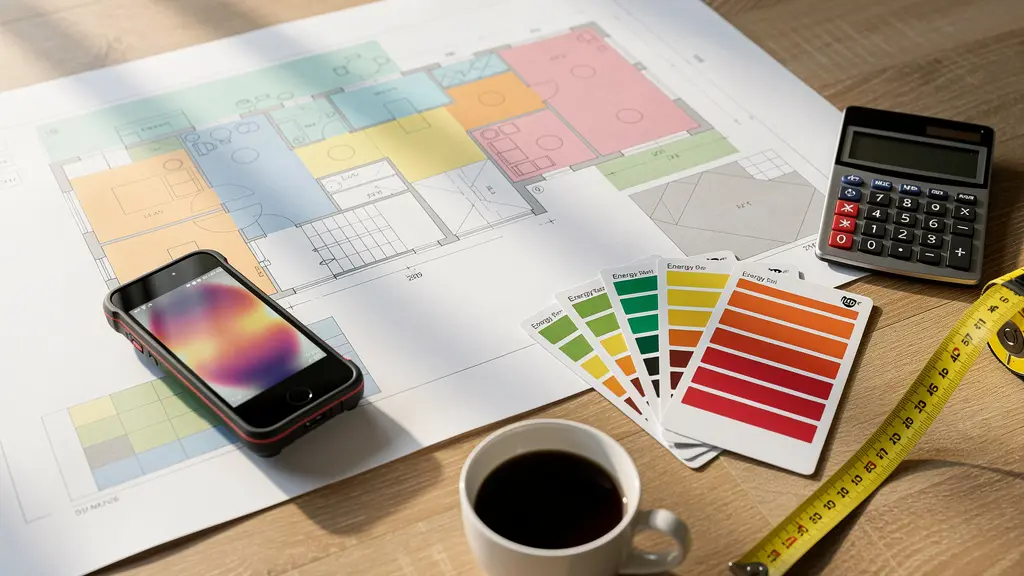Vue en plongée d'un bureau avec plans de maison, calculatrice et documents d'audit énergétique