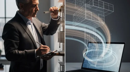 Vue comparative entre un agent immobilier examinant une maison et un écran d'ordinateur affichant des données