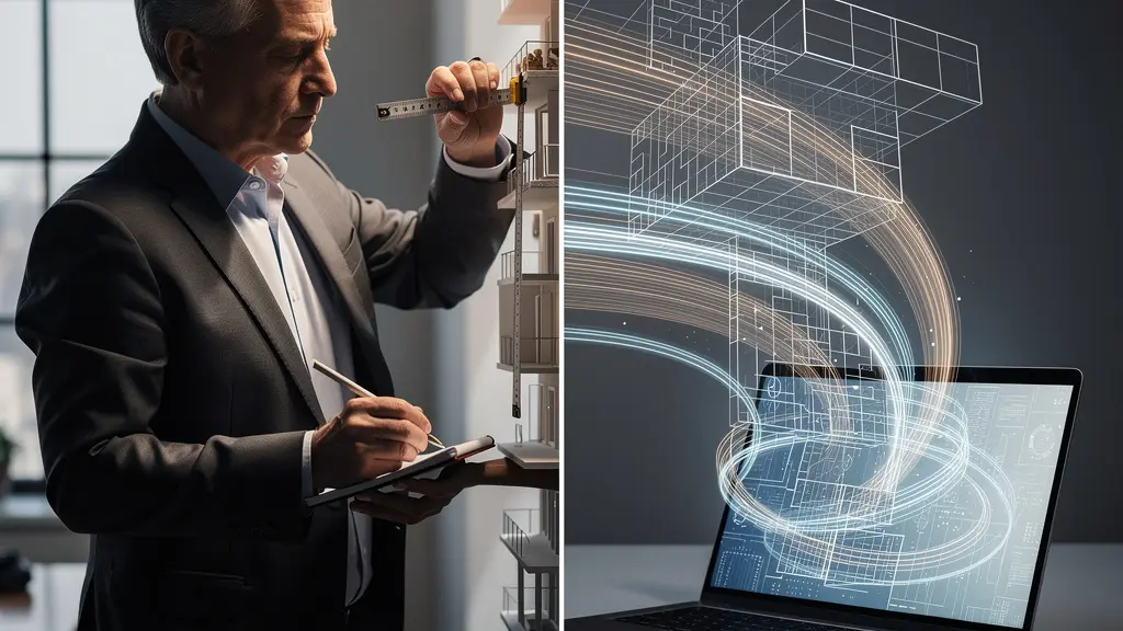 Vue comparative entre un agent immobilier examinant une maison et un écran d'ordinateur affichant des données