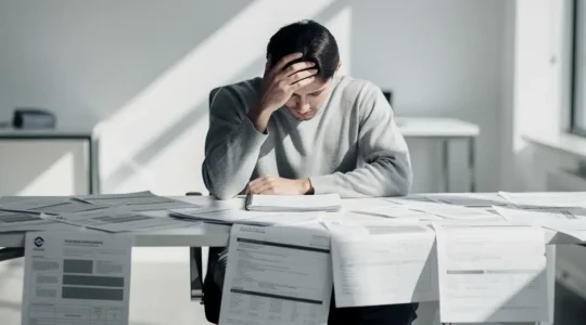 Professionnel épuisé entouré de documents d'assurance dans un bureau moderne