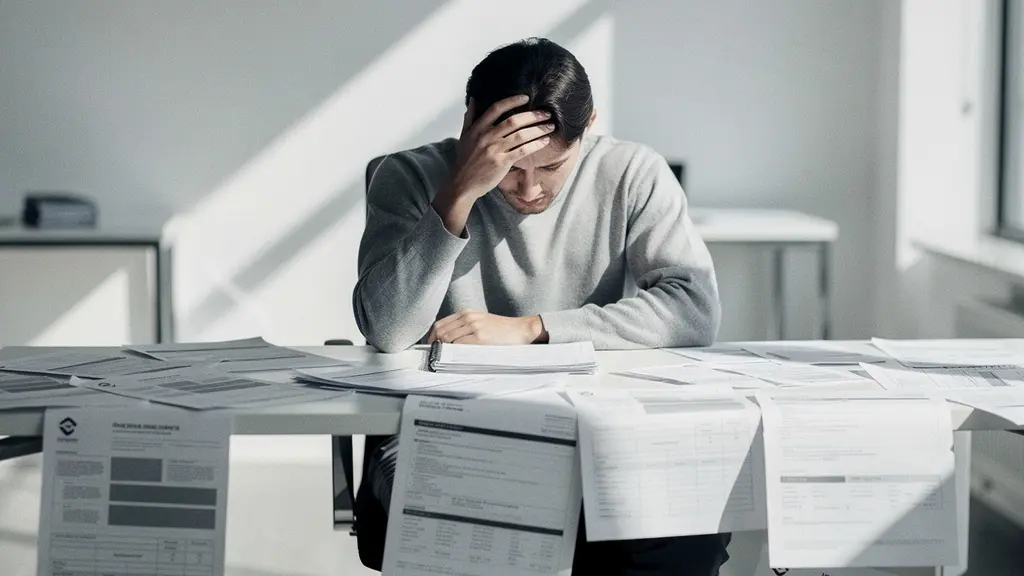 Professionnel épuisé entouré de documents d'assurance dans un bureau moderne