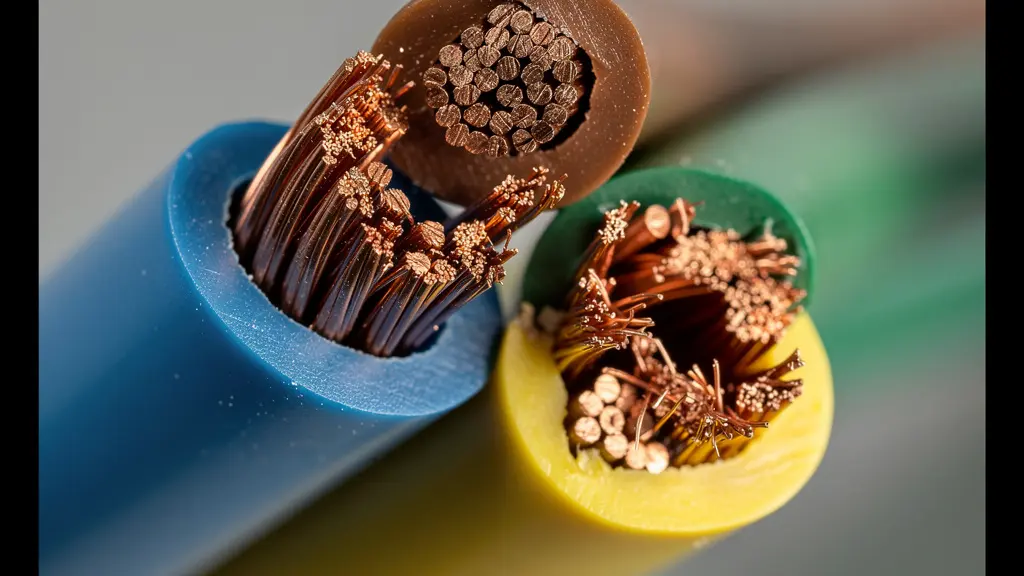 Vue macro de câbles électriques de différentes sections montrant les fils de cuivre à l'intérieur