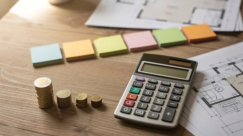 Bureau avec calculatrice et documents d'aides à la rénovation énergétique éparpillés