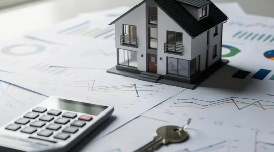 Illustration d'un calcul financier immobilier avec une calculatrice et des documents d'achat immobilier