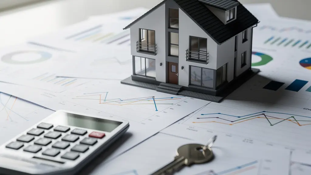 Illustration d'un calcul financier immobilier avec une calculatrice et des documents d'achat immobilier