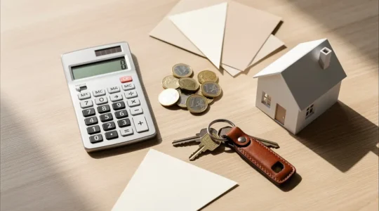 Vue plongeante sur un bureau avec calculatrice, documents fiscaux et clés de maison symbolisant le calcul de la plus-value immobilière