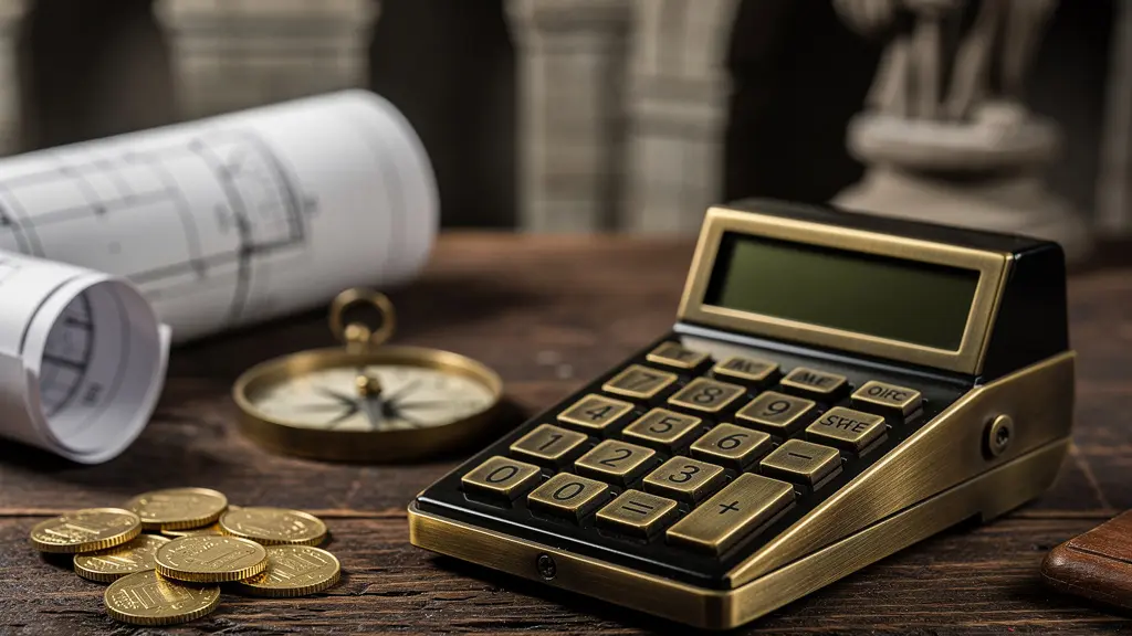 Calculatrice professionnelle et documents d'investissement immobilier avec graphiques de rentabilité sur bureau en bois noble