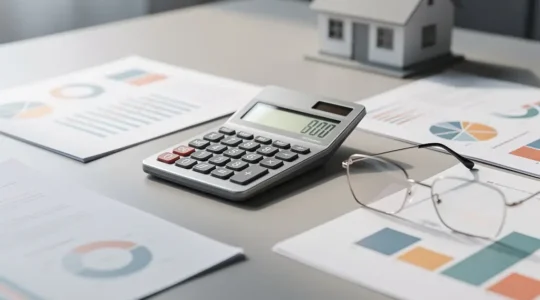 Concept de calcul précis de capacité d'emprunt immobilier avec calculatrice et documents financiers