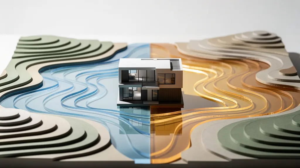 Carte topographique stylisée avec zones de risques colorées et maison au centre