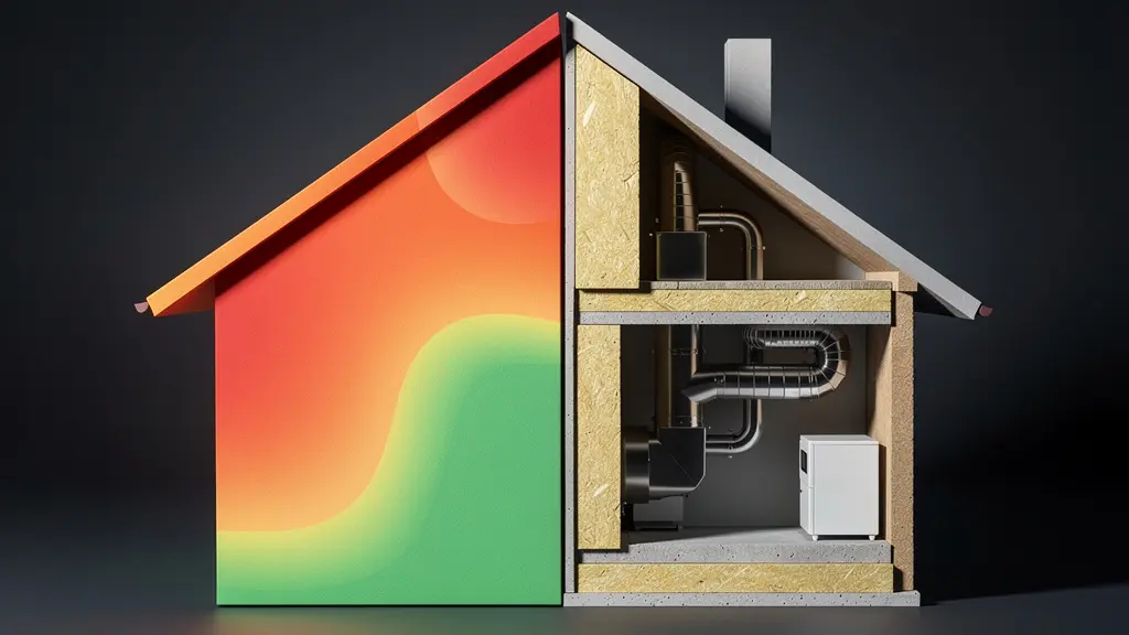 Maison coupée en deux montrant l'analyse thermographique colorée des déperditions énergétiques