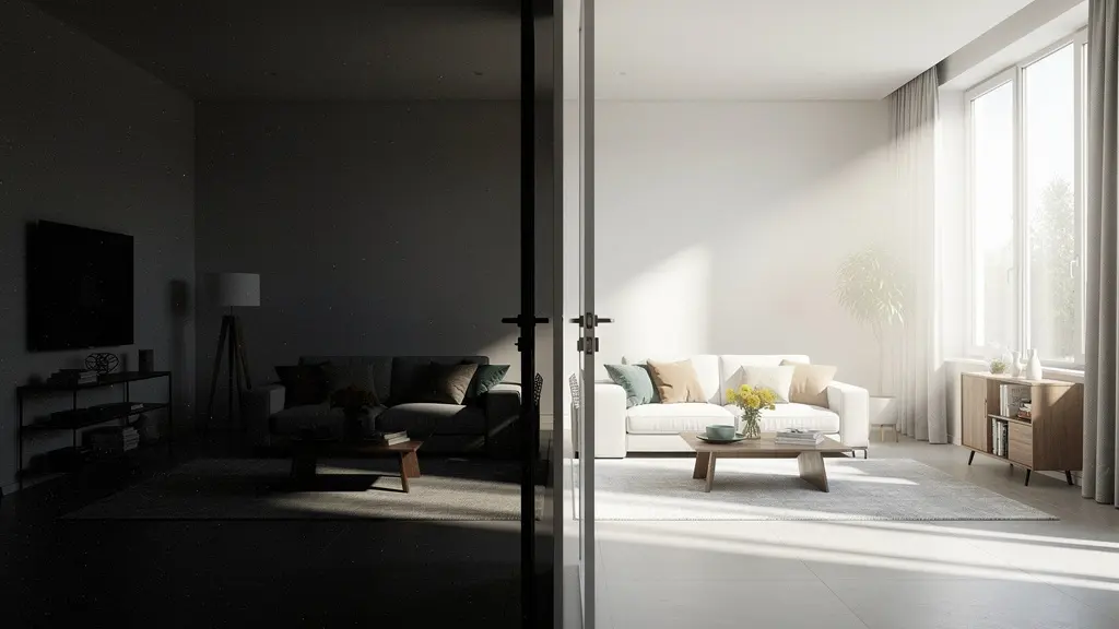 Comparaison côte à côte d'une photo amateur sombre et d'une photo professionnelle lumineuse du même intérieur