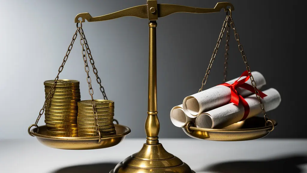 Balance en équilibre avec pièces d'or d'un côté et papiers contractuels de l'autre, symbolisant le choix financier