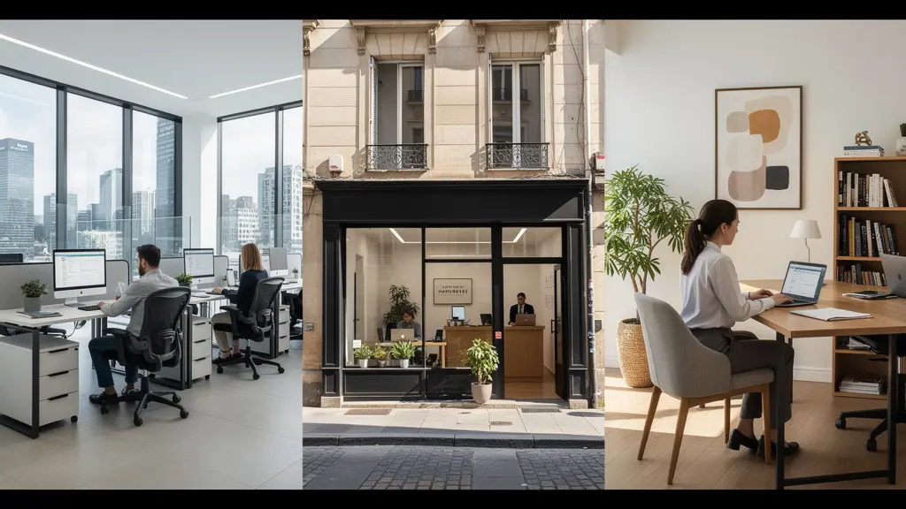 Trois professionnels immobiliers représentant différents types d'agences dans leurs environnements de travail respectifs