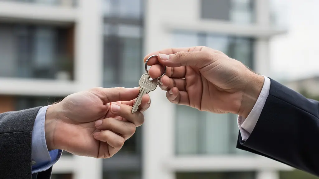 Deux mains professionnelles échangeant des clés devant un immeuble résidentiel, symbolisant la confiance entre le nu-propriétaire et l'usufruitier institutionnel.