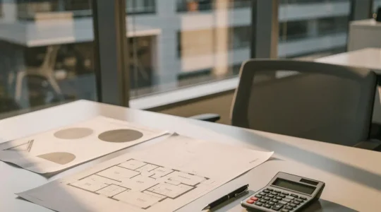 Bureau moderne d'un courtier immobilier avec documents et calculatrice