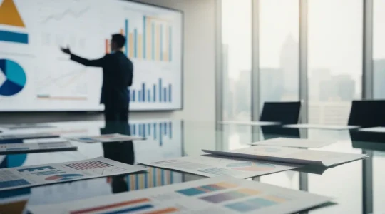 Courtier immobilier expert analysant des documents bancaires dans un environnement professionnel moderne