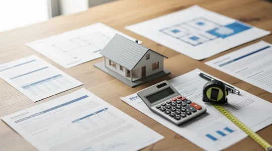 Documents de diagnostics immobiliers disposés sur une table en bois avec plans de maison et calculatrice