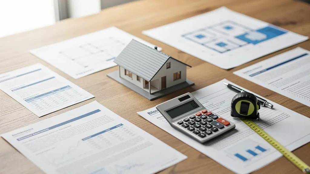 Documents de diagnostics immobiliers disposés sur une table en bois avec plans de maison et calculatrice