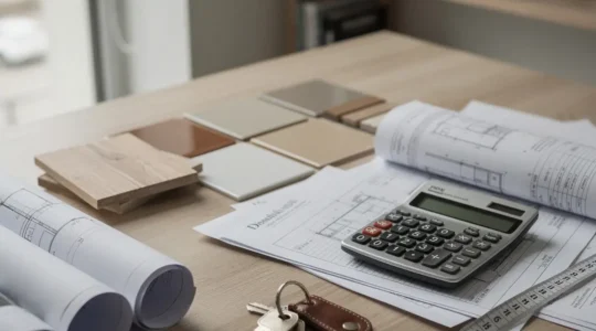 Bureau moderne avec documents fiscaux, calculatrice et plans de rénovation immobilière disposés sur une table en bois naturel, éclairage naturel par une fenêtre