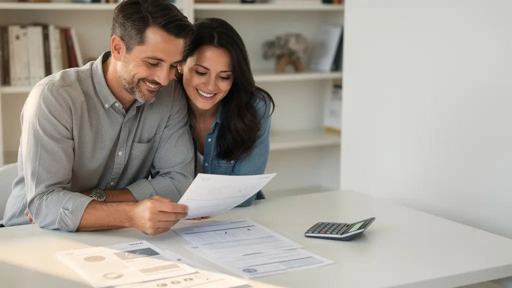 Couple consultant des documents d'assurance avec calculatrice montrant des économies