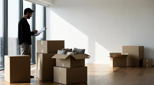 Vue d'ensemble d'un salon en cours de déménagement avec cartons empilés et organisation méthodique