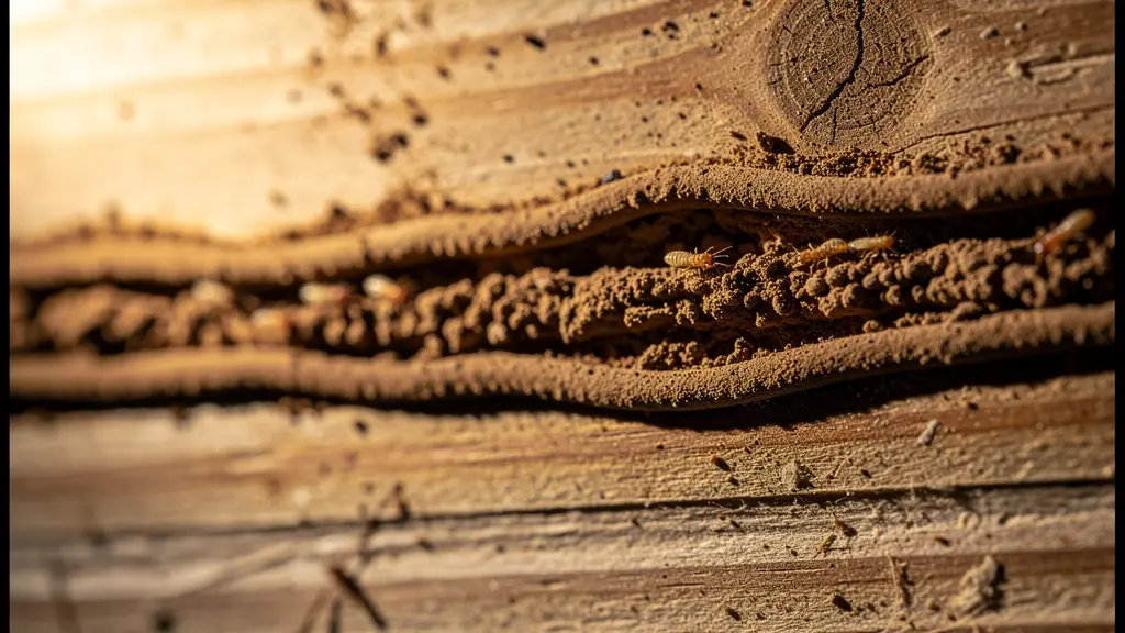 Gros plan sur des cordonnets de terre créés par les termites sur une poutre en bois