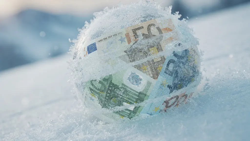 Boule de neige dévalant une pente avec des billets incorporés, symbolisant l'accumulation des intérêts
