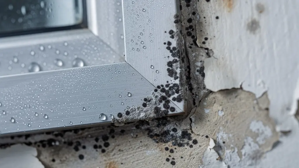 Gros plan macro sur condensation et moisissure au coin d'une fenêtre moderne