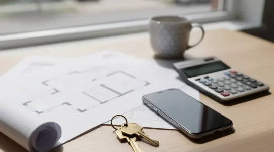 Vue plongeante sur bureau avec calculatrice, documents DVF flous et clés de maison