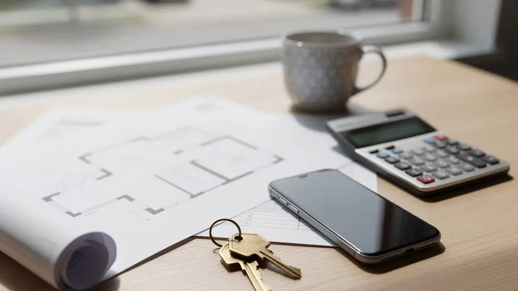 Vue plongeante sur bureau avec calculatrice, documents DVF flous et clés de maison