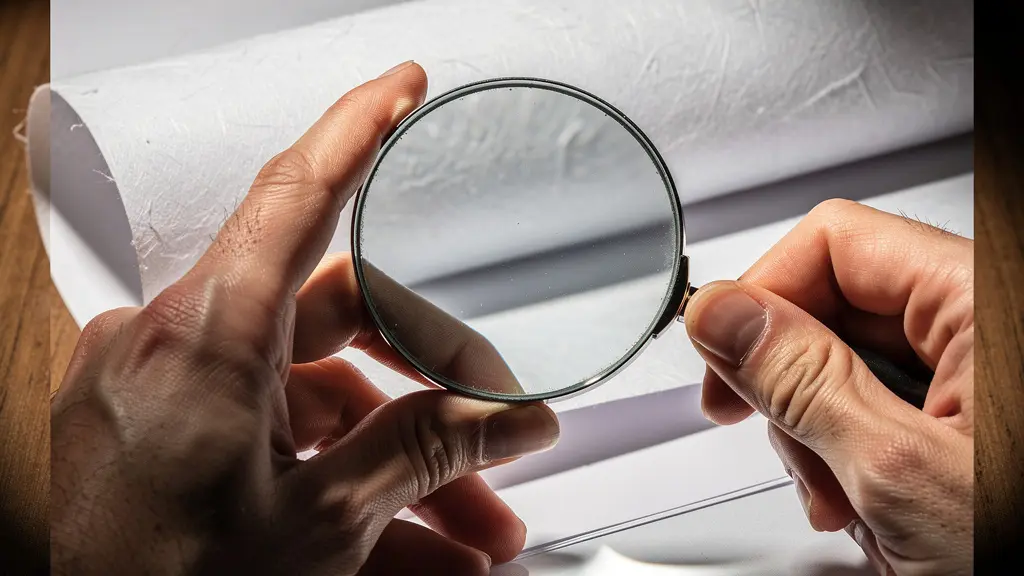 Personne examinant attentivement un contrat d'assurance avec une loupe, détails flous en arrière-plan