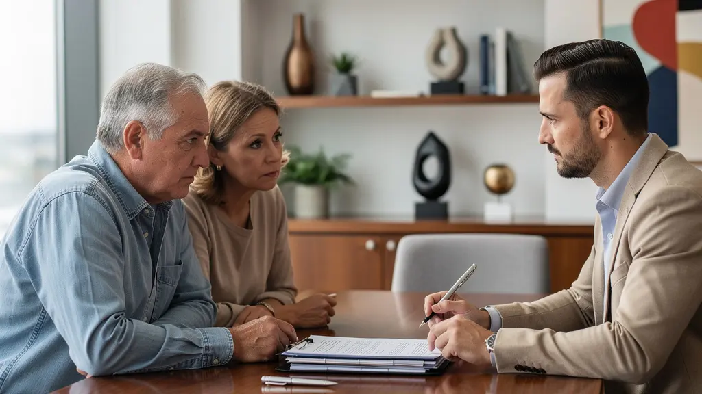 Couple regardant des documents financiers avec conseiller, ambiance professionnelle et rassurante